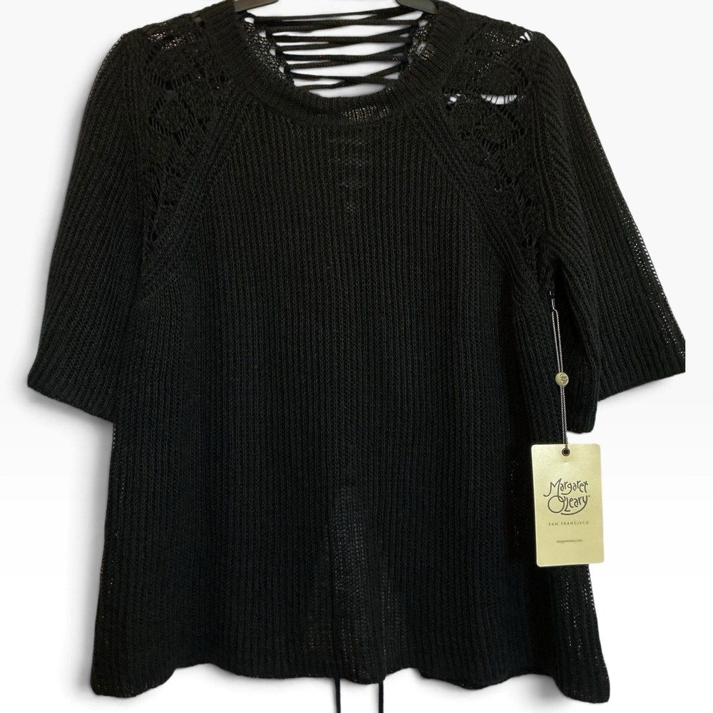 Margaret O'Leary Lace Up Tee Black Linen Open Knit Sweater Top M NWT